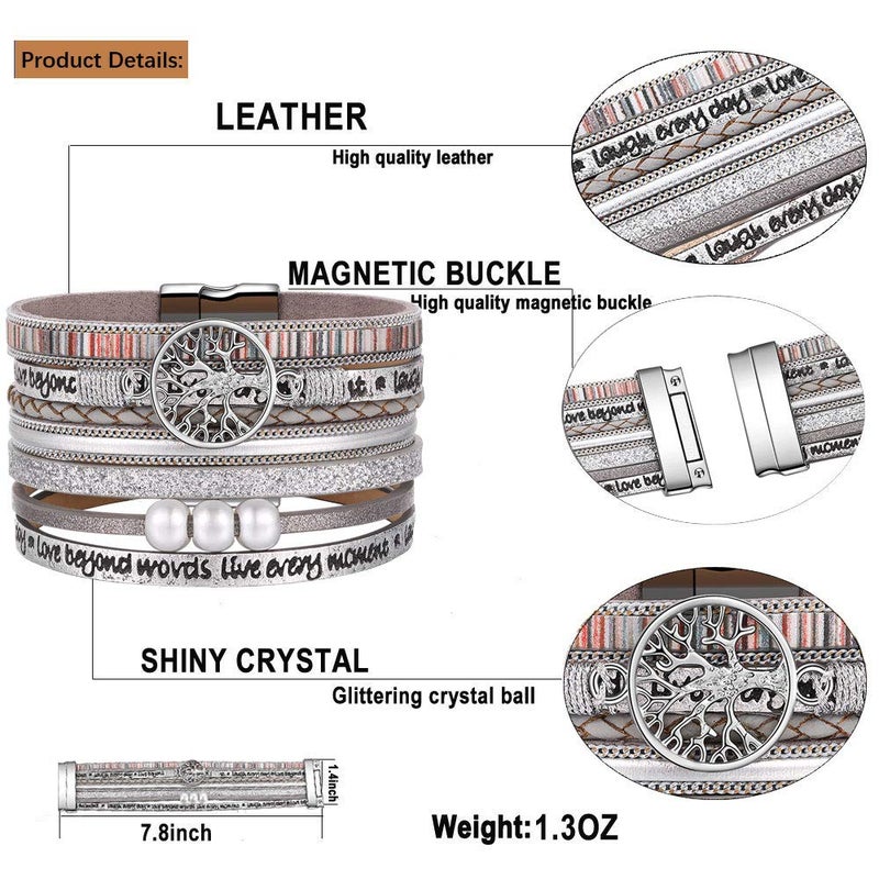 Desimtion Silver Boho Wrap Leather Bracelets for Women Buckle Multilayer Layered Jewelry Gifts Bracelet for Mom Teen Grandma - Image 4